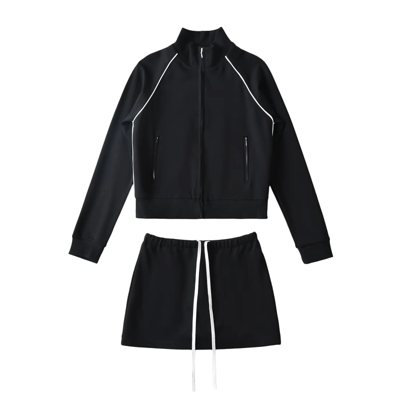 Skup suknje i sakoa s raglan rukavima, stojeći ovratnik; mini suknja; pamuk-poliester smjesa; 90–95% pamuka; kolage šivanje