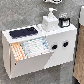 Stienā montējama higiēnas spilventiņu uzglabāšanas kastīte, ūdensnecaurlaidīga, bez urbšanas, vannas istabai
