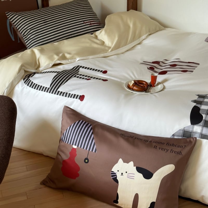 Set de pat 4 piese din bumbac cu fibre lungi, țesătură satin, imprimare reactive, model desen animat, greutate 3500–4000 g