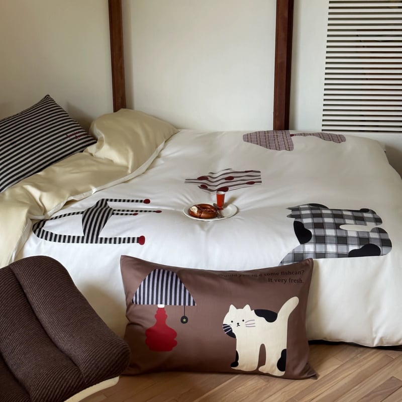 Set de pat 4 piese din bumbac cu fibre lungi, țesătură satin, imprimare reactive, model desen animat, greutate 3500–4000 g