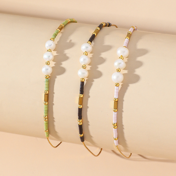 SUNNYCRYSTAL potītes rokassprādze, korejiešu stilā, dabiskas pērlītes un japānas rīsu pērļas, titāna tērauda ķēde, ģeometrisks dizains