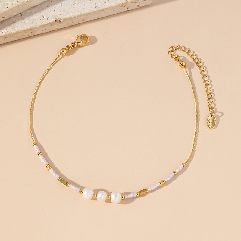 SUNNYCRYSTAL potītes rokassprādze, korejiešu stilā, dabiskas pērlītes un japānas rīsu pērļas, titāna tērauda ķēde, ģeometrisks dizains