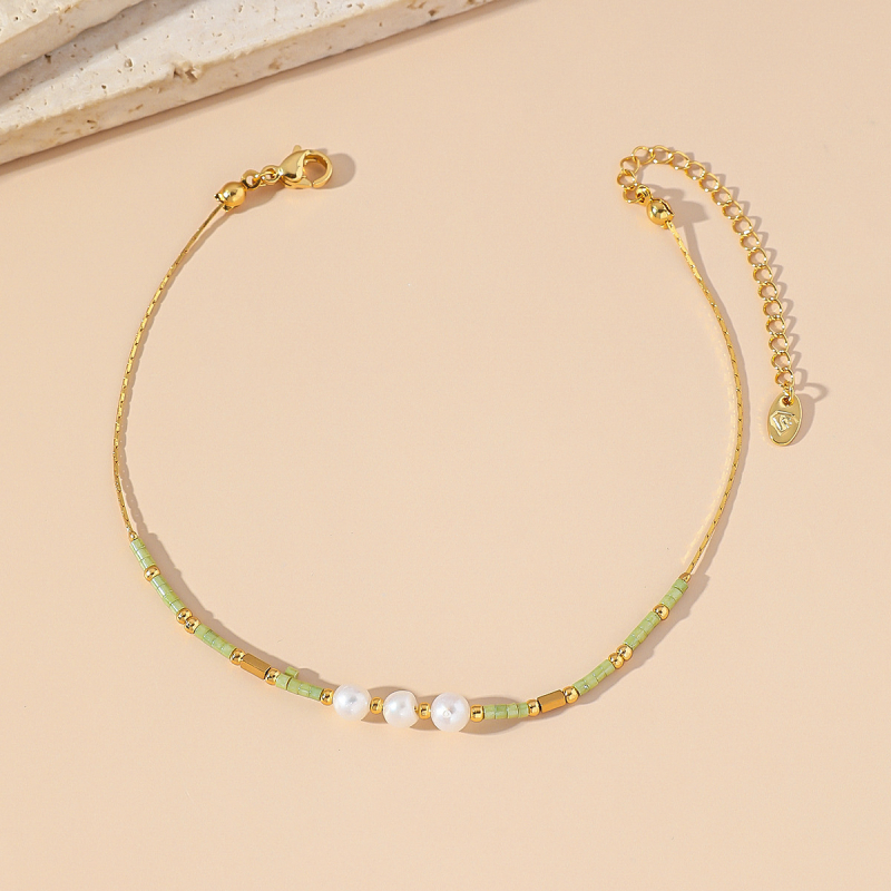 SUNNYCRYSTAL potītes rokassprādze, korejiešu stilā, dabiskas pērlītes un japānas rīsu pērļas, titāna tērauda ķēde, ģeometrisks dizains