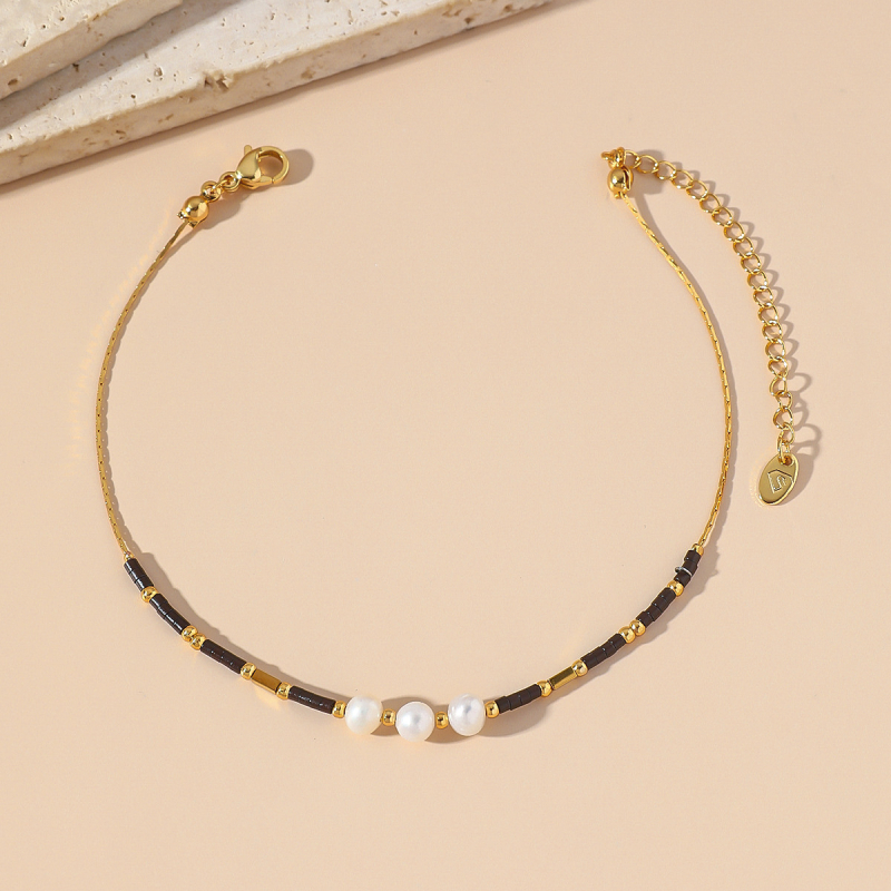 SUNNYCRYSTAL potītes rokassprādze, korejiešu stilā, dabiskas pērlītes un japānas rīsu pērļas, titāna tērauda ķēde, ģeometrisks dizains