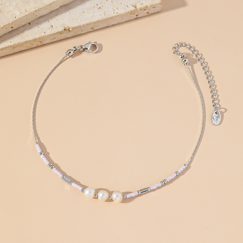 SUNNYCRYSTAL potītes rokassprādze, korejiešu stilā, dabiskas pērlītes un japānas rīsu pērļas, titāna tērauda ķēde, ģeometrisks dizains