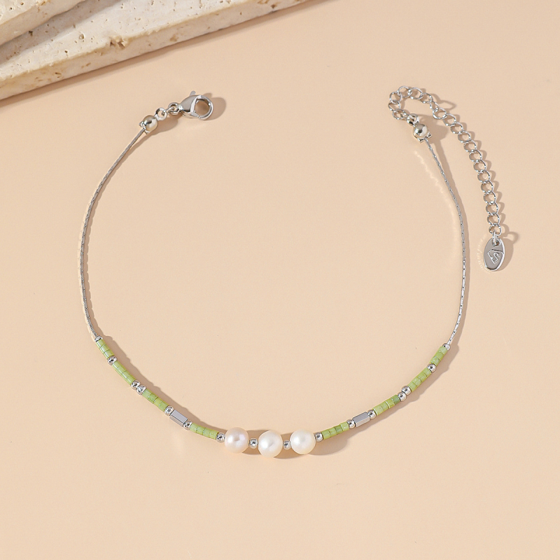 SUNNYCRYSTAL potītes rokassprādze, korejiešu stilā, dabiskas pērlītes un japānas rīsu pērļas, titāna tērauda ķēde, ģeometrisks dizains