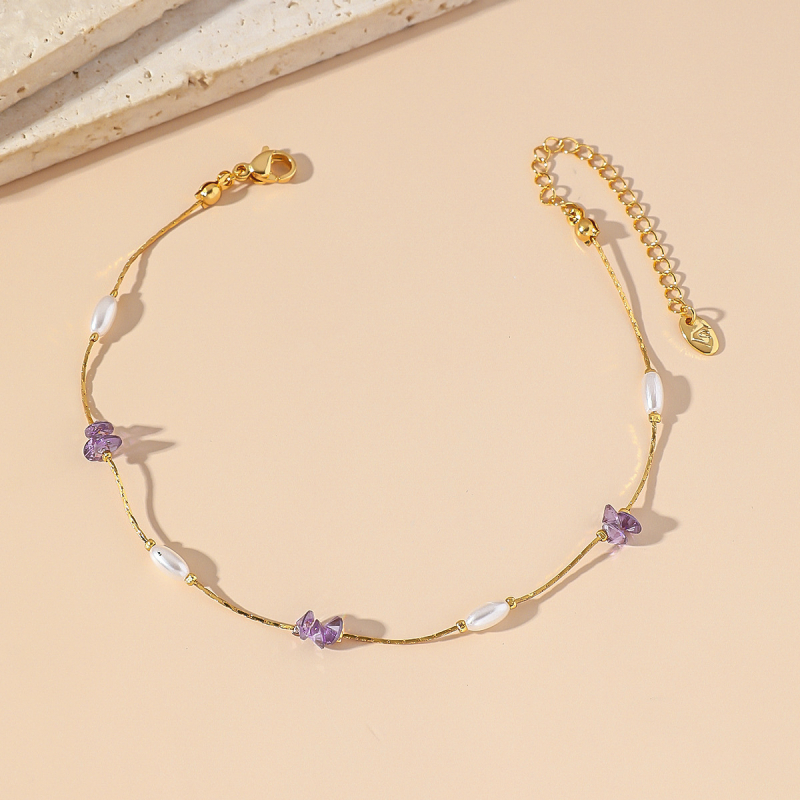 Sievietēm potīšu anklets ar titāna tērauda ķēdi, kristāliem un mākslīgām pērlēm – vienkāršs ģeometrisks dizains