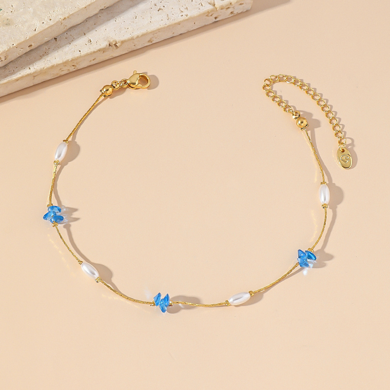 Sievietēm potīšu anklets ar titāna tērauda ķēdi, kristāliem un mākslīgām pērlēm – vienkāršs ģeometrisks dizains