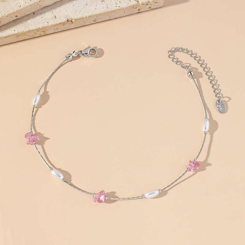 Sievietēm potīšu anklets ar titāna tērauda ķēdi, kristāliem un mākslīgām pērlēm – vienkāršs ģeometrisks dizains