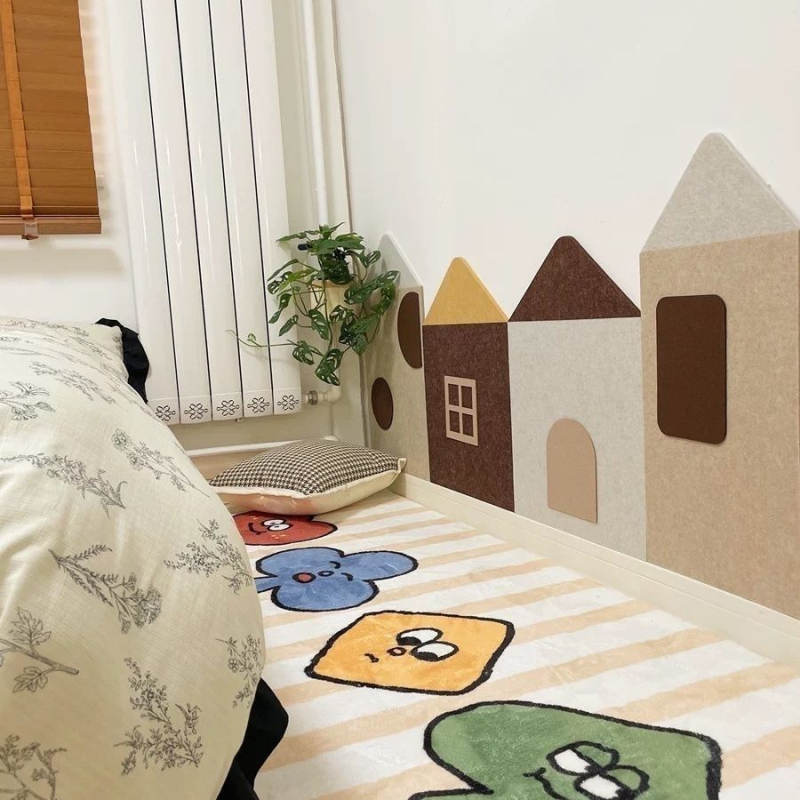 Casă 3D din fetru pentru perete – stil desene animate, model geometric abstract, poliester, personalizare disponibilă, potrivit pentru sufragerie, dormitor, birou