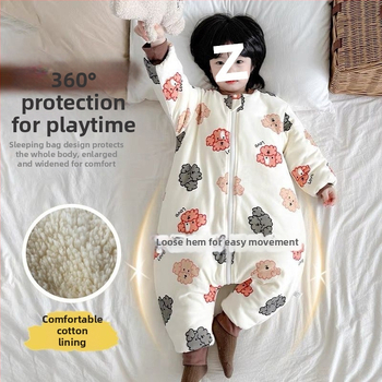 Laste magamiskott sügis-talv, paksenenud, lukuga, jagatud jalgadega, puuvillane väliskangas, kašmiiritäide, karikatuurne stiil, unisex