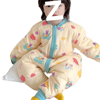 Laste magamiskott sügis-talv, paksenenud, lukuga, jagatud jalgadega, puuvillane väliskangas, kašmiiritäide, karikatuurne stiil, unisex