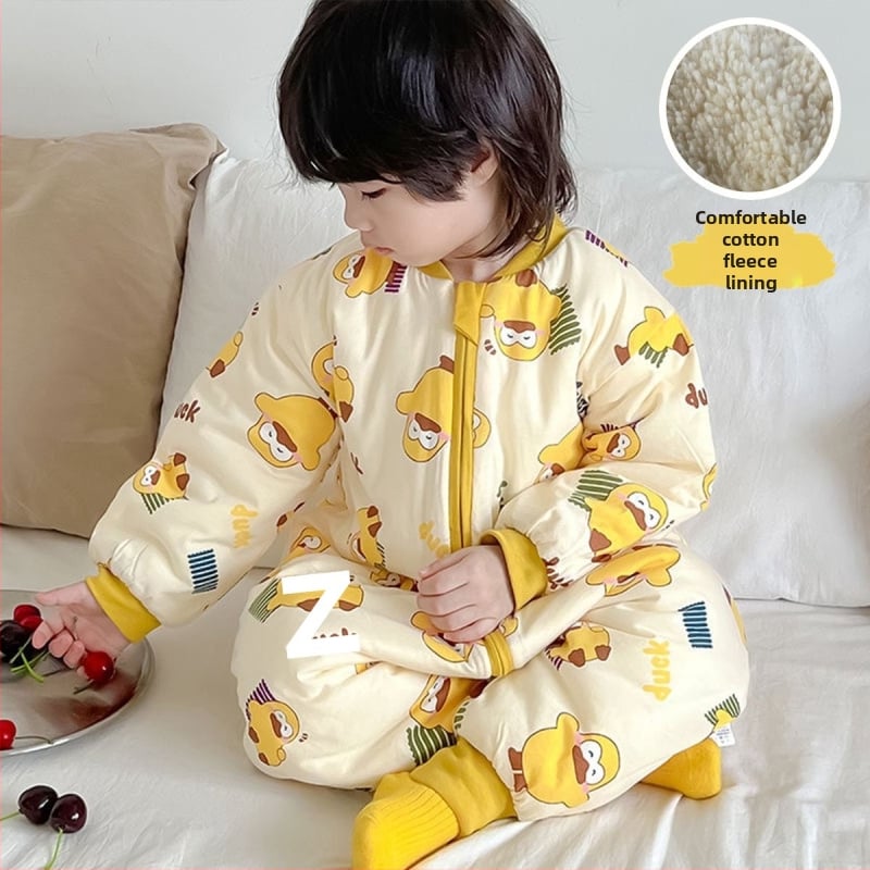 Laste magamiskott sügis-talv, paksenenud, lukuga, jagatud jalgadega, puuvillane väliskangas, kašmiiritäide, karikatuurne stiil, unisex