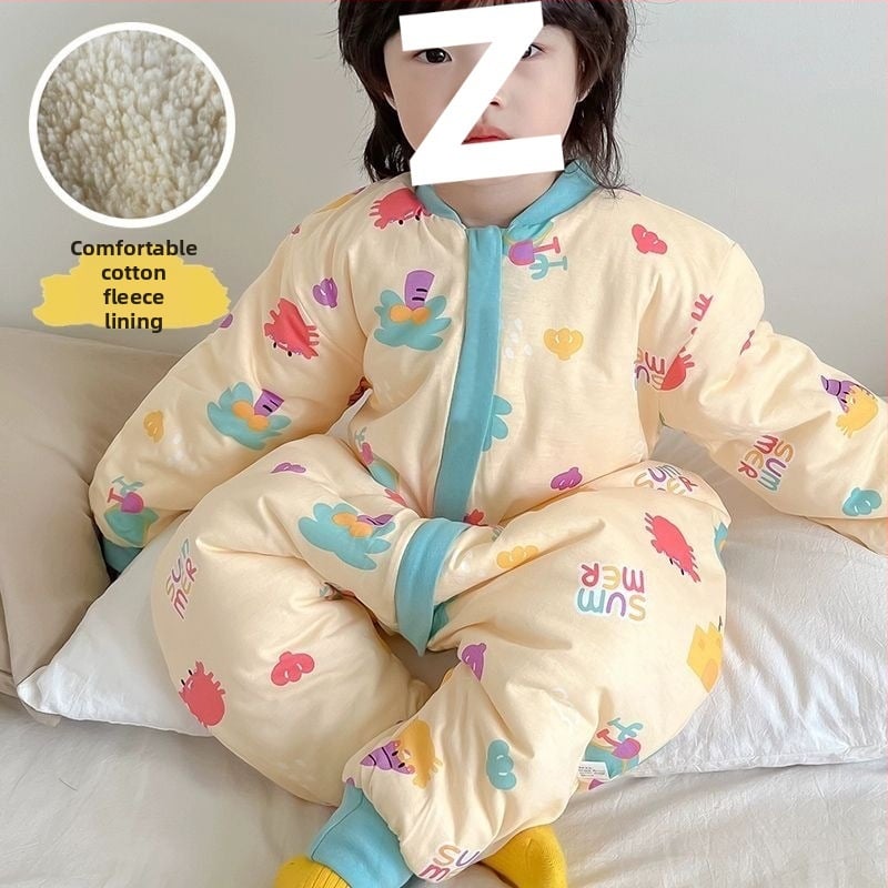 Laste magamiskott sügis-talv, paksenenud, lukuga, jagatud jalgadega, puuvillane väliskangas, kašmiiritäide, karikatuurne stiil, unisex