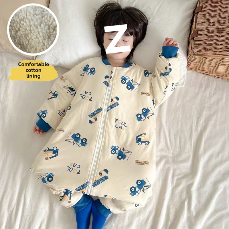 Laste magamiskott sügis-talv, paksenenud, lukuga, jagatud jalgadega, puuvillane väliskangas, kašmiiritäide, karikatuurne stiil, unisex