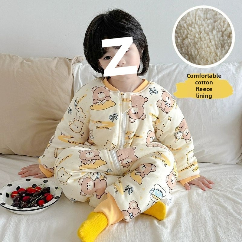 Laste magamiskott sügis-talv, paksenenud, lukuga, jagatud jalgadega, puuvillane väliskangas, kašmiiritäide, karikatuurne stiil, unisex