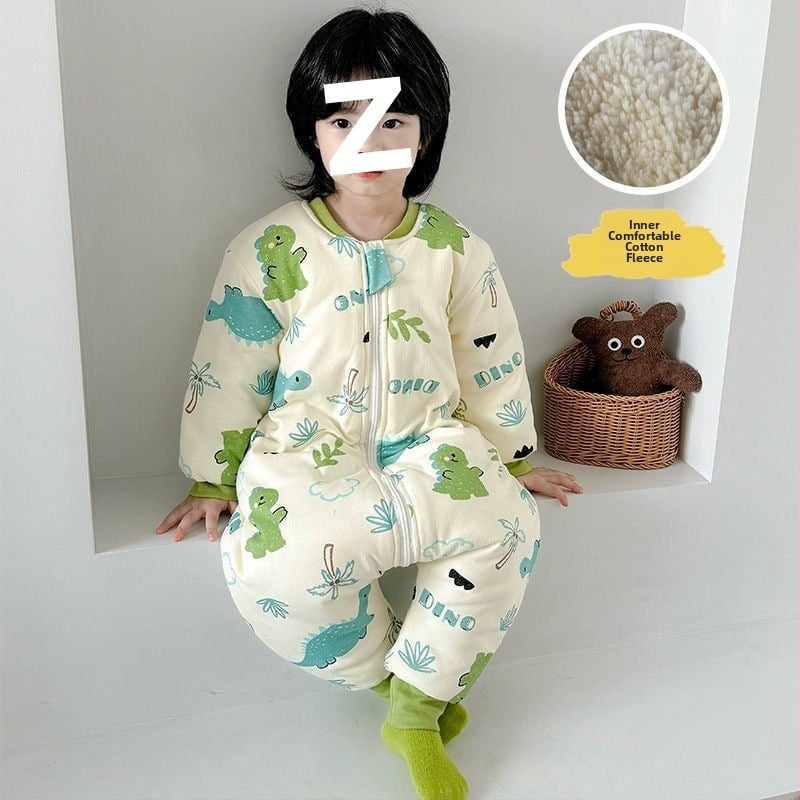 Laste magamiskott sügis-talv, paksenenud, lukuga, jagatud jalgadega, puuvillane väliskangas, kašmiiritäide, karikatuurne stiil, unisex