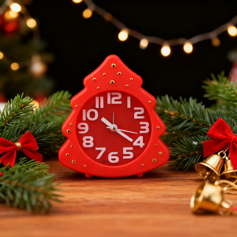 Karikatuurse jõulupuudega äratuskell, Seiko elektrooniline käik, LED-ekraan näidikute ja numbritega, akutoitega, ühepoolne