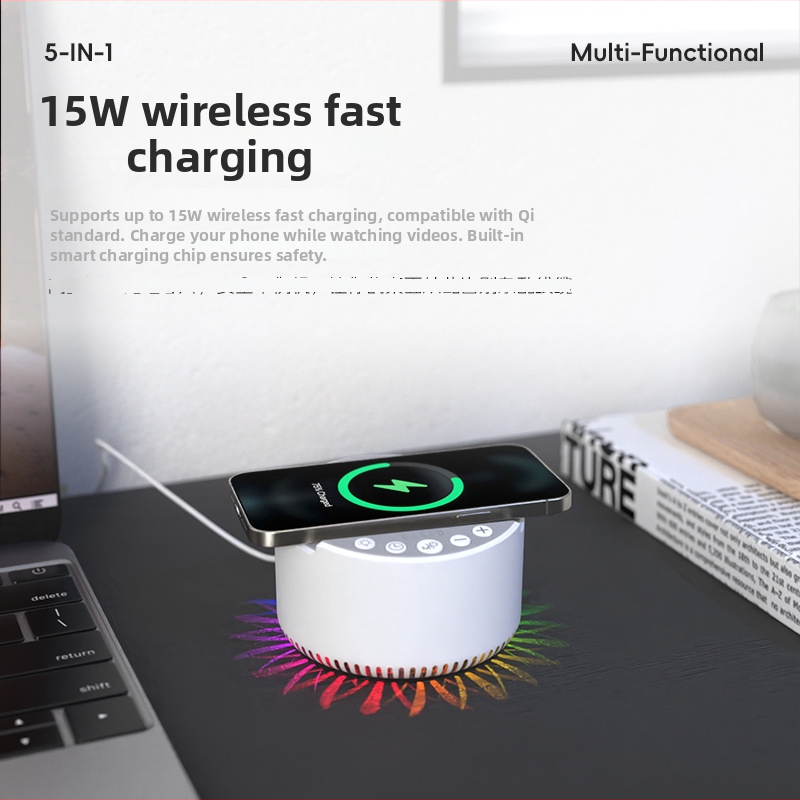 Bluetooth reproduktor na spánok s časovaním a hudbou, 15W bezdrôtové rýchle nabíjanie, vstavaná batéria