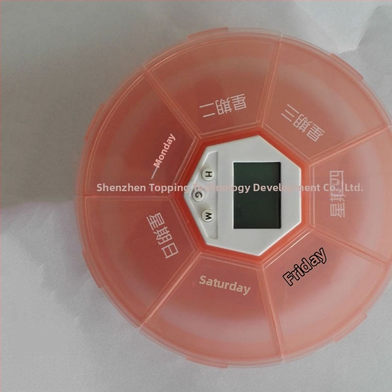 Кръгъл електронен контейнер за лекарства с таймер, 7 секции, 4 аларми, LCD дисплей