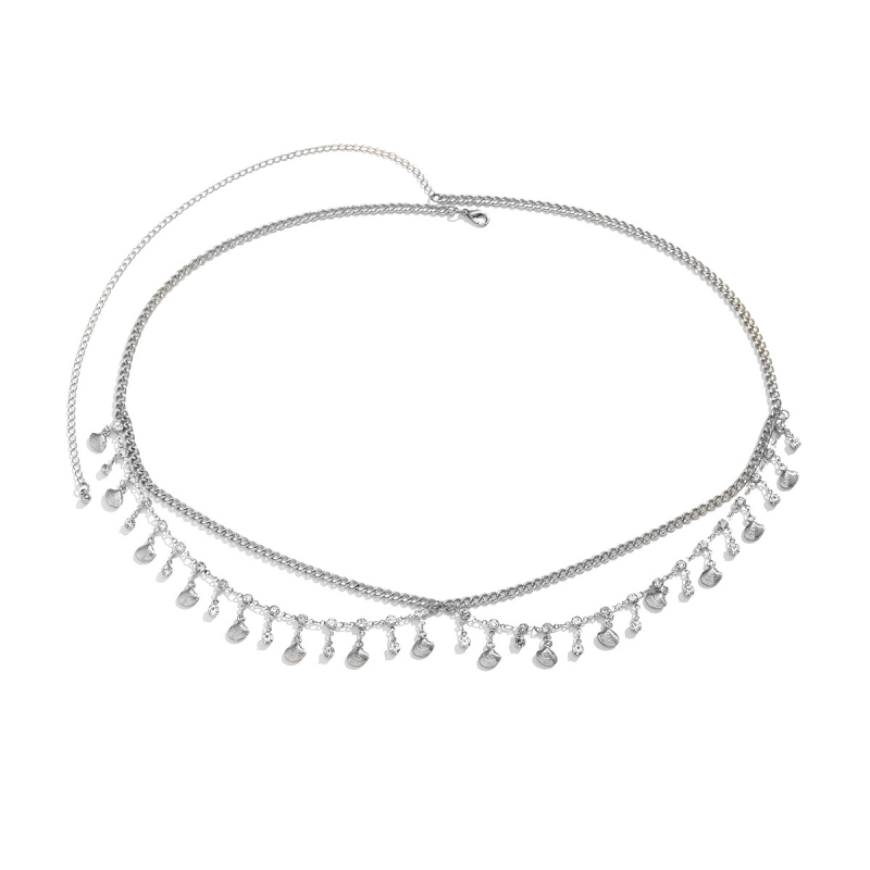 Дамска талийна верижка с метални пискюли във формата на черупки и кристали, мултислойна верига за тяло, дължина 80–100 см, европейски стил