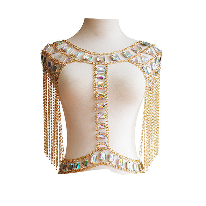 Kūno grandinė su akriliniais kristalais pakabuku, lašo formos, lydinio medžiaga, elektroplakavimas, pritaikymas galimas