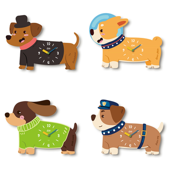 Стилен стенен часовник с кученце в карикатурен стил, едностранен, плавен ход на секундите, дървен корпус, аналогов циферблат
