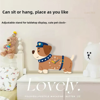 Стилен стенен часовник с кученце в карикатурен стил, едностранен, плавен ход на секундите, дървен корпус, аналогов циферблат