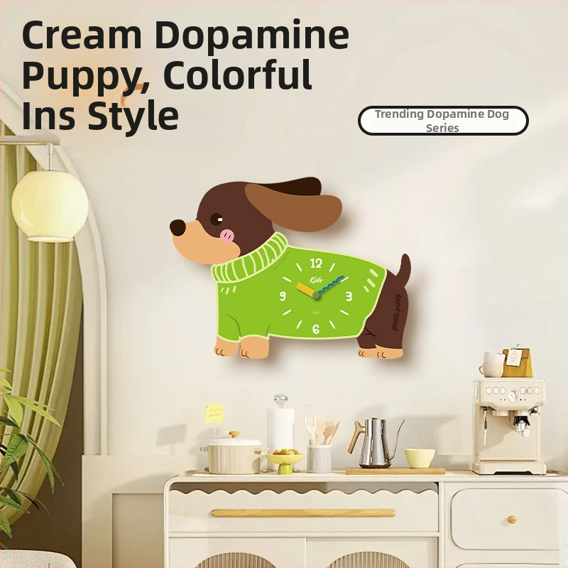 Стилен стенен часовник с кученце в карикатурен стил, едностранен, плавен ход на секундите, дървен корпус, аналогов циферблат