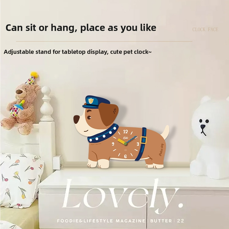Стилен стенен часовник с кученце в карикатурен стил, едностранен, плавен ход на секундите, дървен корпус, аналогов циферблат