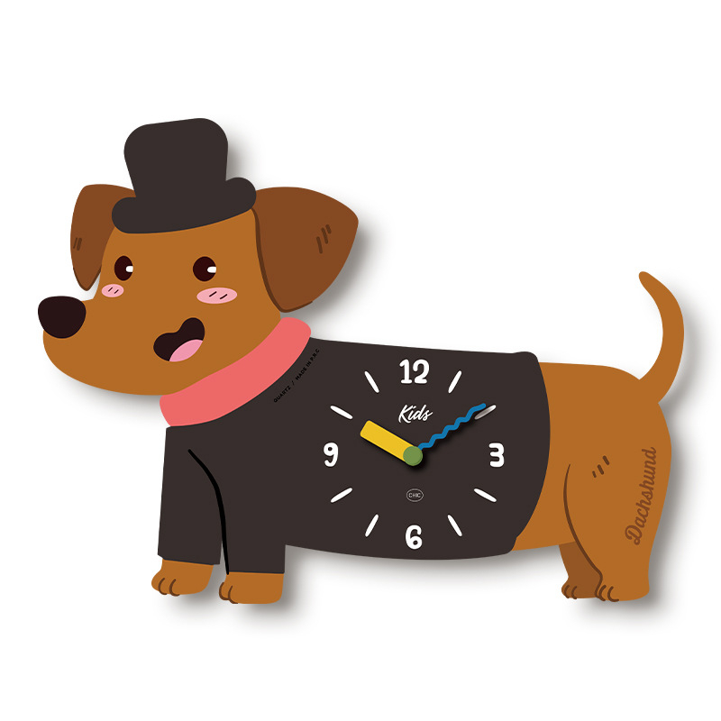 Стилен стенен часовник с кученце в карикатурен стил, едностранен, плавен ход на секундите, дървен корпус, аналогов циферблат
