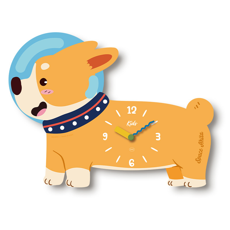 Стилен стенен часовник с кученце в карикатурен стил, едностранен, плавен ход на секундите, дървен корпус, аналогов циферблат