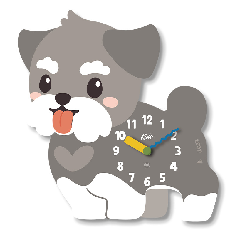 Стилен стенен часовник с кученце в карикатурен стил, едностранен, плавен ход на секундите, дървен корпус, аналогов циферблат