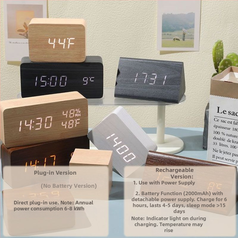 Квадратен дървен будилник с светещ дисплей, презареждаема батерия, безшумен ход, циферблат от закалено стъкло – настолен часовник в скандинавски стил