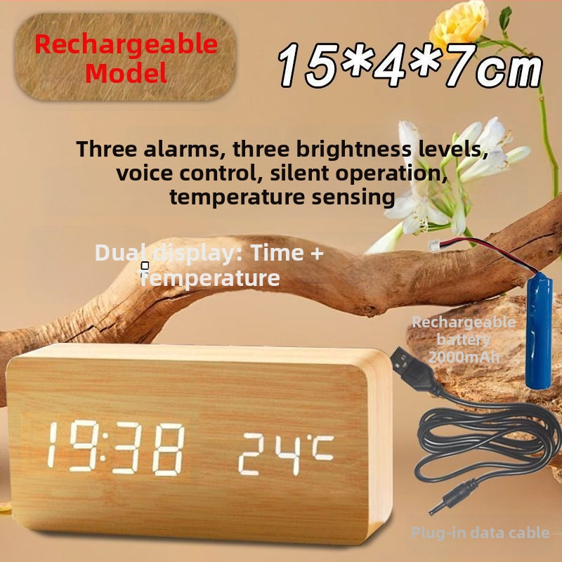 Квадратен дървен будилник с светещ дисплей, презареждаема батерия, безшумен ход, циферблат от закалено стъкло – настолен часовник в скандинавски стил