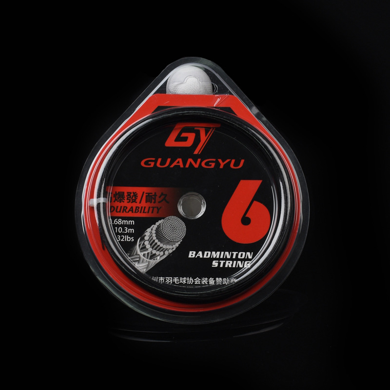 Badmintona raketes auklas – augsta spriegošana, izturīgas treniņu auklas; materiāls: sveķi + augstas izturības neilona šķiedra; zīmols Guangyu