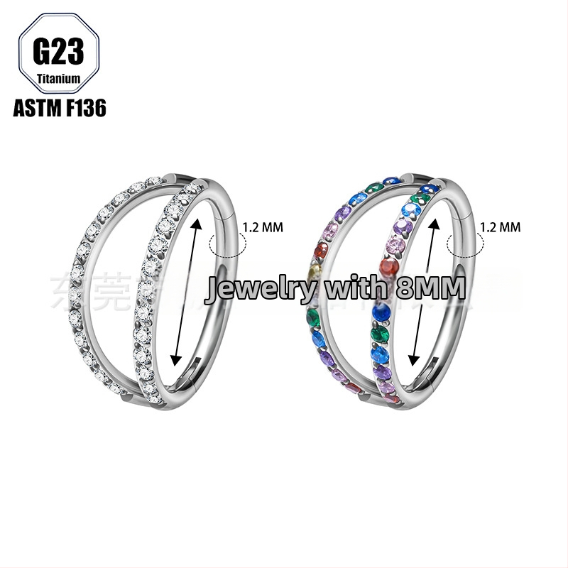 Nosis žiedas su cirkonų įdėklu, G23 titano lydinys, dviguba briauna su deimantais, išgraviruoti piercing papuošalai