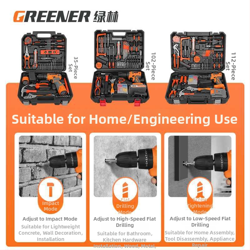 Домашен комплект кутия за инструменти — многофункционален хардуерно-електроремонтен комплект с безчеткова електрическа бормашина, над 100 части