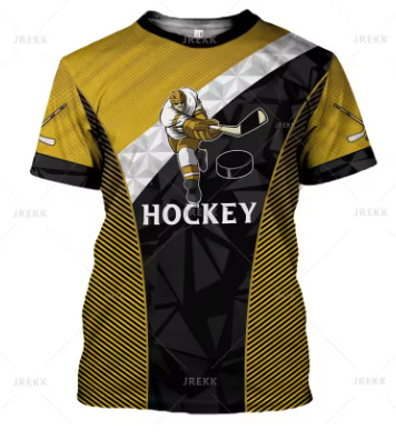 Ανδρική μπλούζα T-shirt με γραφικό 3D σε θέμα ράβδου χόκεϊ, ελαφρύ πολυεστερικό ύφασμα, κοντά μανίκια, στρογγυλός λαιμός