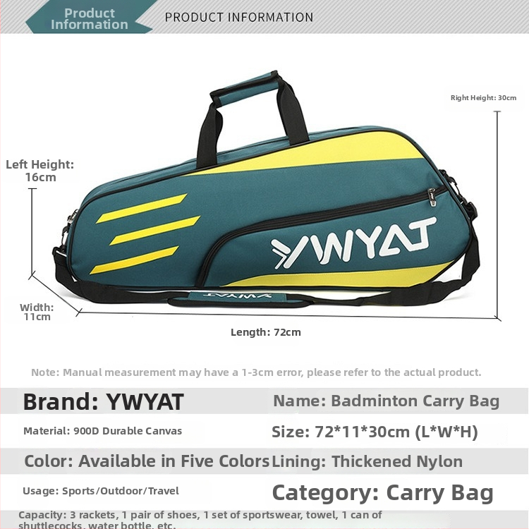 YWYAT taška na bedminton, batoh pre 3 rakety, unisex, plátno a polyester