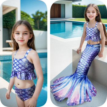 Kupaći kostim za djevojčice sirena - poliester, za djecu 3+ godina, model: korejski stil, karirano, crtano, cvjetno