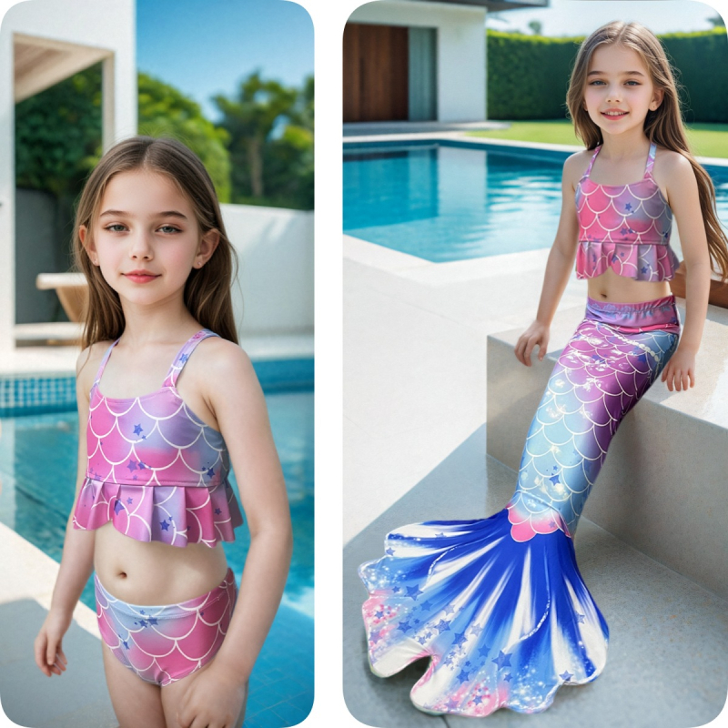 Kupaći kostim za djevojčice sirena - poliester, za djecu 3+ godina, model: korejski stil, karirano, crtano, cvjetno