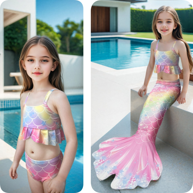 Kupaći kostim za djevojčice sirena - poliester, za djecu 3+ godina, model: korejski stil, karirano, crtano, cvjetno