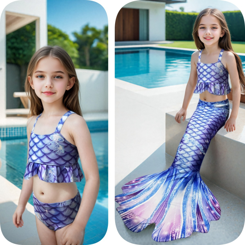 Kupaći kostim za djevojčice sirena - poliester, za djecu 3+ godina, model: korejski stil, karirano, crtano, cvjetno