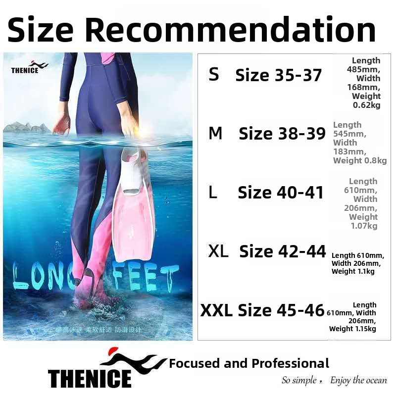 Thenice dlhé plutvy na plávanie, snorklovanie a potápanie, protišmykové; Materiály: TPR guma, PP; Personalizácia: Áno; Súkromná značka: Áno