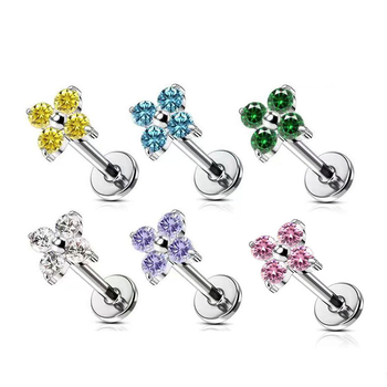 Unisex titano lydinio ausies pirsingo aksesuarai su keturių lapų dobilo žiedo motyvu ir 5A cirkono įdėklu, G23 (ASTM F136) titano lydinys