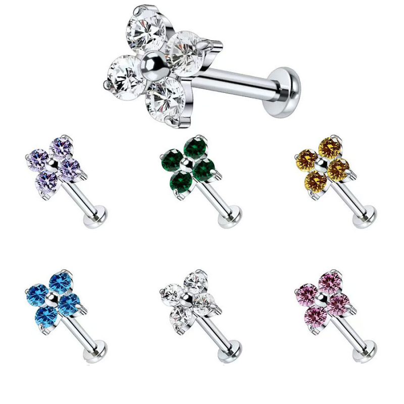 Unisex titano lydinio ausies pirsingo aksesuarai su keturių lapų dobilo žiedo motyvu ir 5A cirkono įdėklu, G23 (ASTM F136) titano lydinys