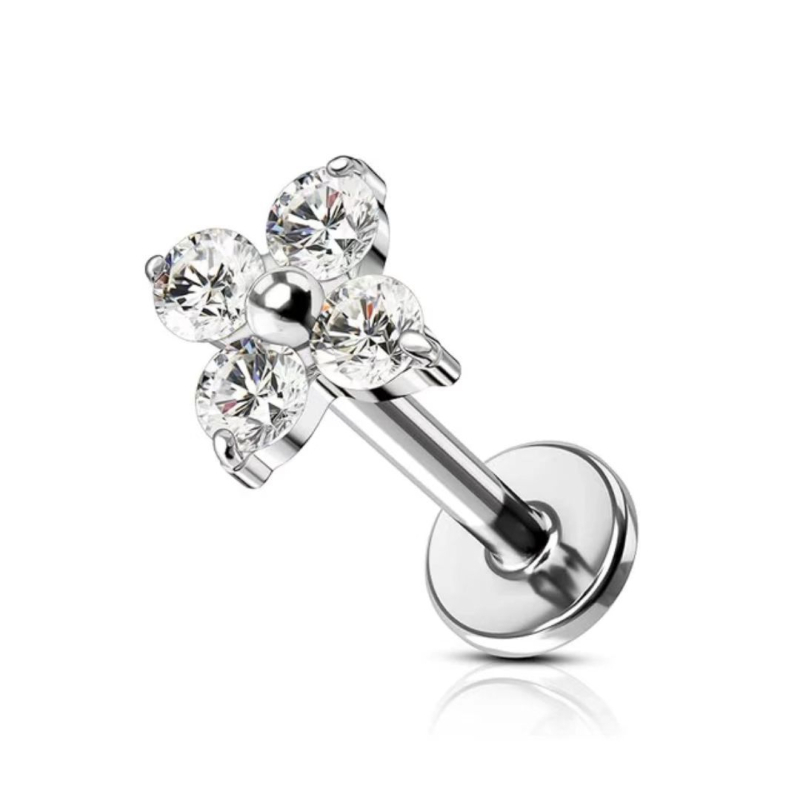 Unisex titano lydinio ausies pirsingo aksesuarai su keturių lapų dobilo žiedo motyvu ir 5A cirkono įdėklu, G23 (ASTM F136) titano lydinys