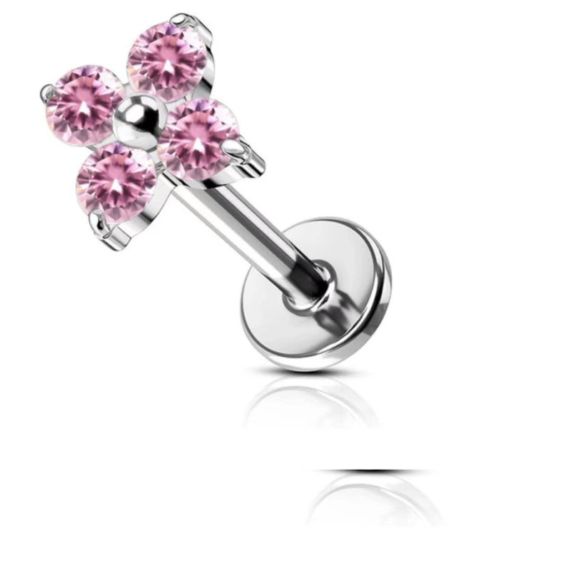 Unisex titano lydinio ausies pirsingo aksesuarai su keturių lapų dobilo žiedo motyvu ir 5A cirkono įdėklu, G23 (ASTM F136) titano lydinys