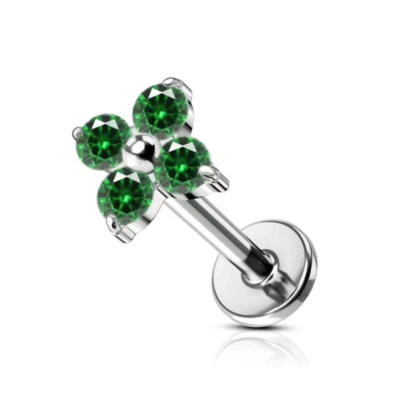 Unisex titano lydinio ausies pirsingo aksesuarai su keturių lapų dobilo žiedo motyvu ir 5A cirkono įdėklu, G23 (ASTM F136) titano lydinys